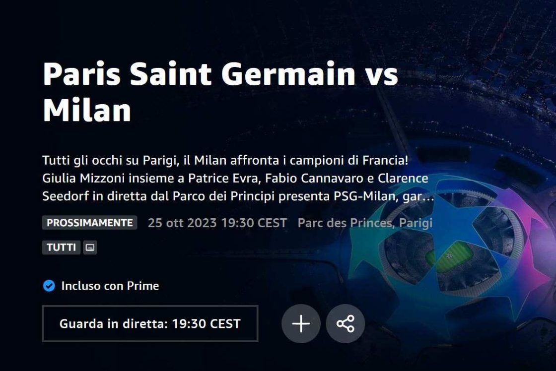 Diretta Streaming PSG – Milan su Prime Video Champions League 25-10-2023